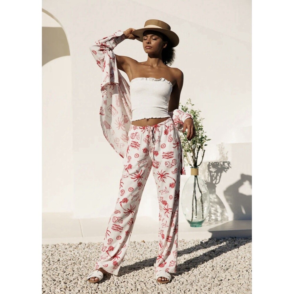 NWT Cali1850 Sea Life Linen Blend Wide Leg Beach Pants Starfish Shells Sardines